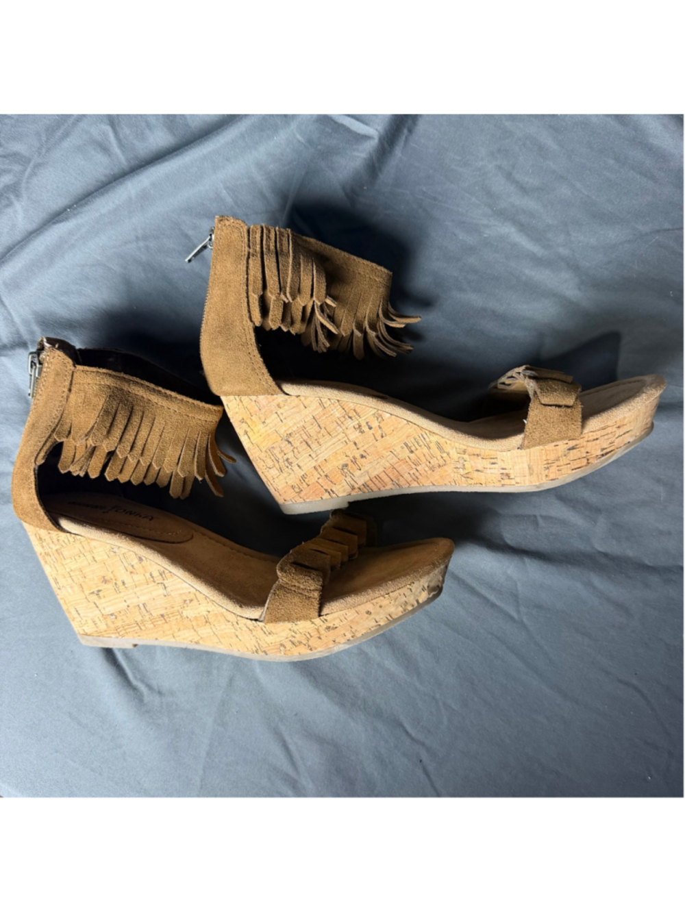 Minnetonka 8 Brown Suede Fringe Cork Wedge Sandals Ankle Zip Open Toe Heels Boho